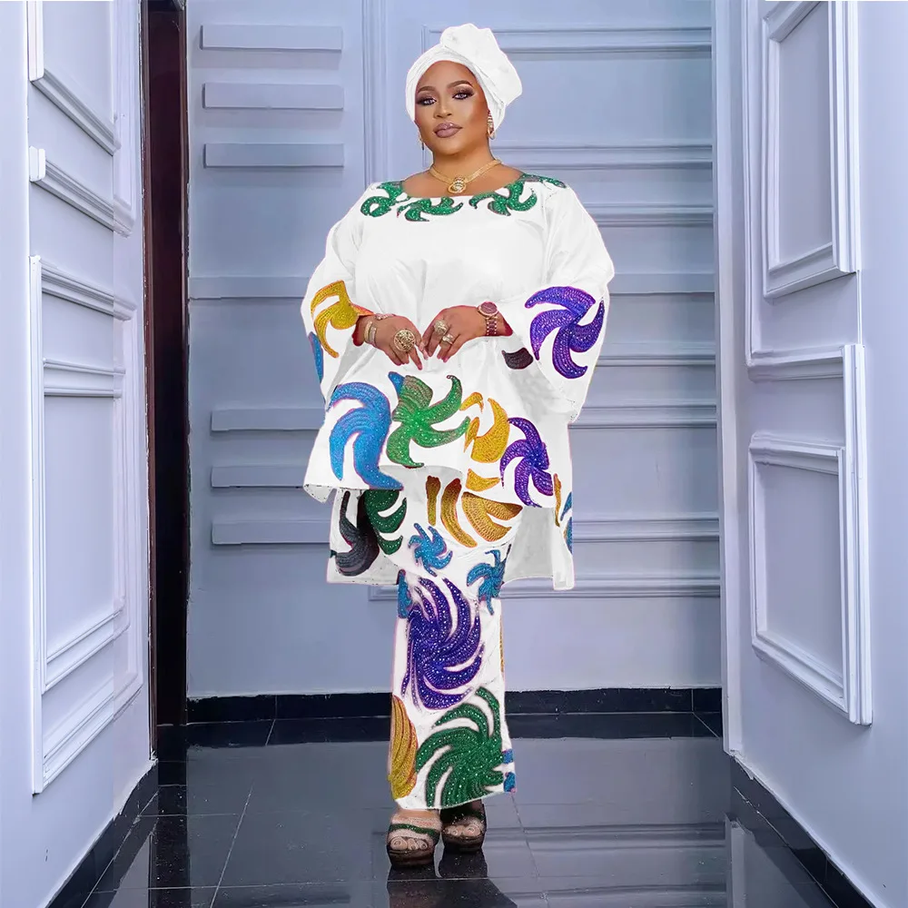 

Plus Size African Clothes for Women 2024 New Dashiki Ankara Evening Gown Bazin Wedding Party Long Dresses with Headscarf