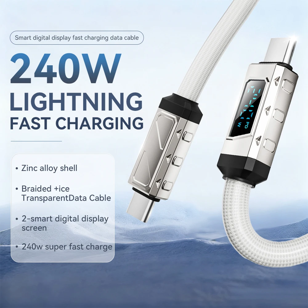 

240W Super Fast Charging Dual Type-C Data Cable - Zinc Alloy Smart Ice Crystal Digital Display Universal for All Devices