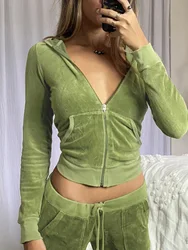 Casual Soild Slim Fit Samt Mit Kapuze Für Frauen Kleidung Langarm Top Spitze-Up Volle Länge Hose Büro Dame Zipper zwei Stück Sets