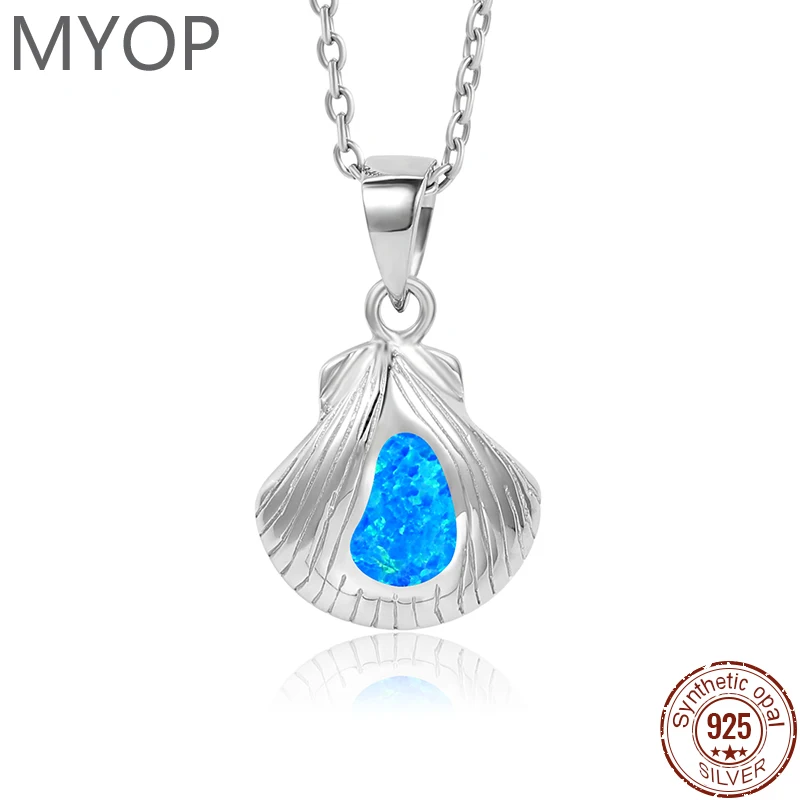 XYOP Trendy Fashion Creative Blue Fire Opal Shell Design Pendants Necklaces 925 Sterling Silver Wedding Necklace Female Birthday