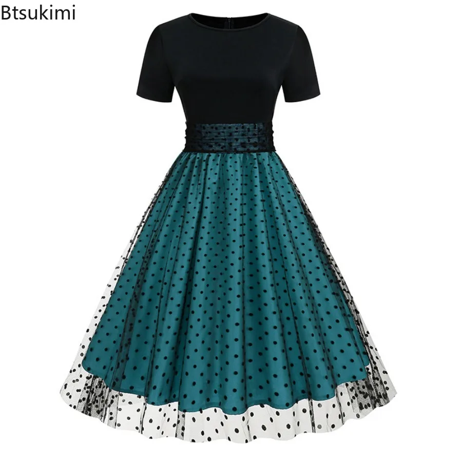 

2025 Women's Casual Vintage Print Long Dress High Waist Dotted Mesh Pleated 50s Retro Dress Female Evening Party Dress Vestidos