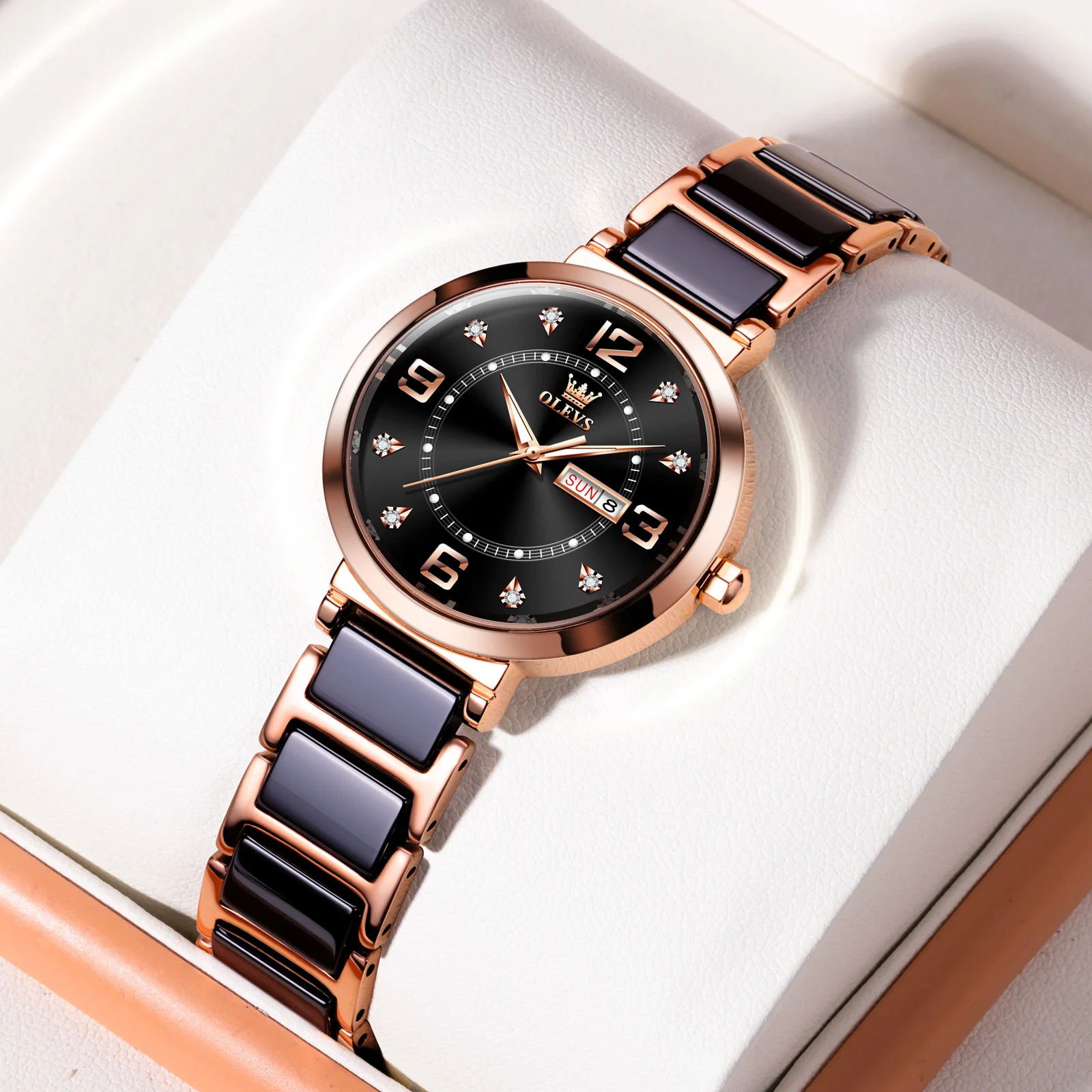 

OLEVS Top Brand Ceramics Watchstrap Quartz Women Watches Luxury Fashion Diamonds Elegant Waterproof Clock Date Week Reloj Mujer