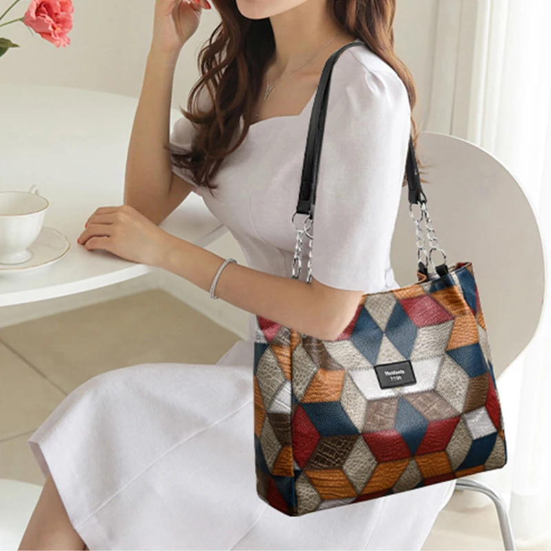 Mode Kontrast Farbe Große Kapazität Weibliche Einkaufstasche PU Leder dame Schulter Tasche Marke Designer frauen Shopper Handtaschen – Detail 4