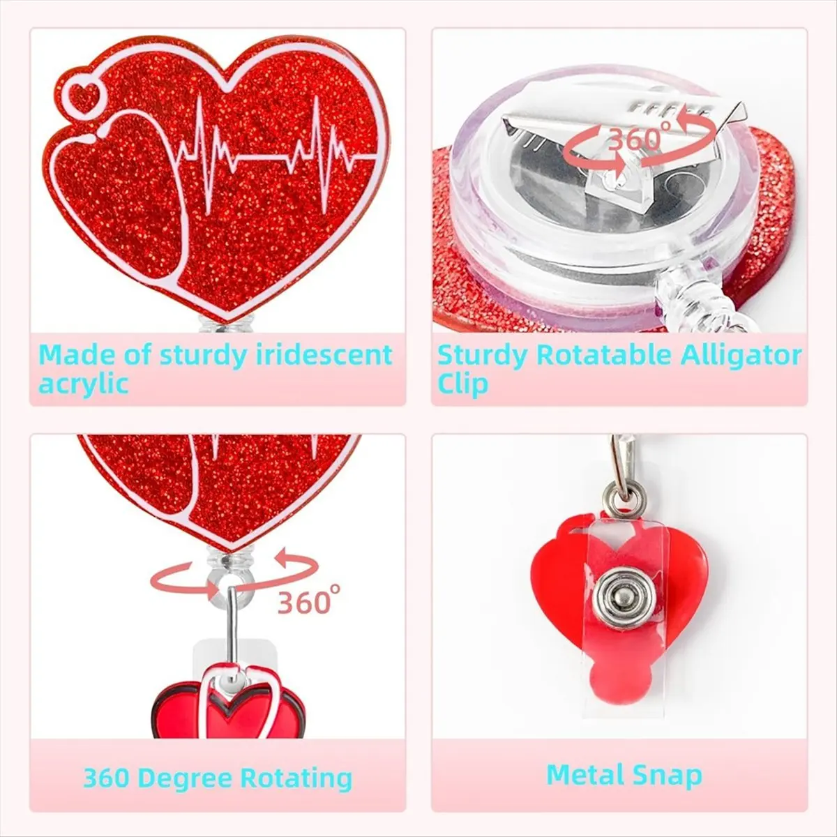 AA83 Cute Nurse Badge Reel, 6pcs Funny Nursing ID Card Glitter Badge Holder Retractable Clip Nurse Name Tag Holder