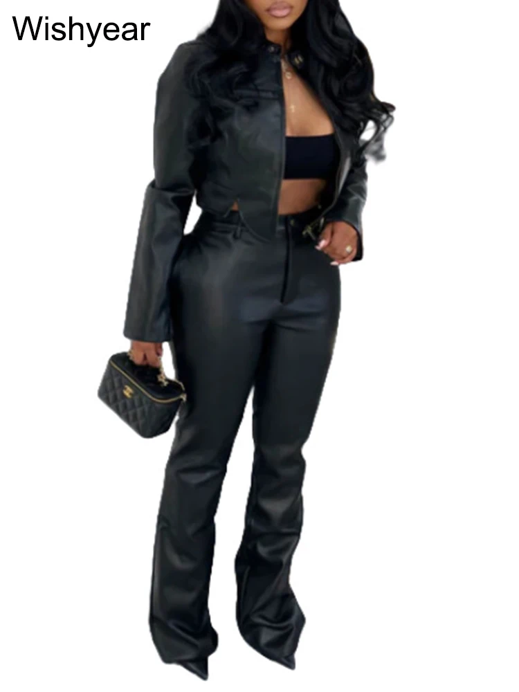 أسود تمتد بولي Leather الجلود 2 قطعة مجموعة ملابس امرأة الشتاء طويلة الأكمام سستة المحاصيل الأعلى والسراويل الشارع الشهير موتو السائق وتتسابق