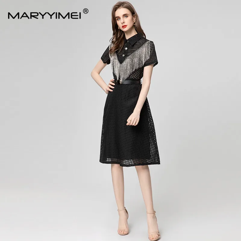 

MARYYIMEI Fashion Women's New Turn-Down Collar Short-Sleeved Metal Button Fringed Beaded Chain Plaid Hollow Out Belt MIDI Dress