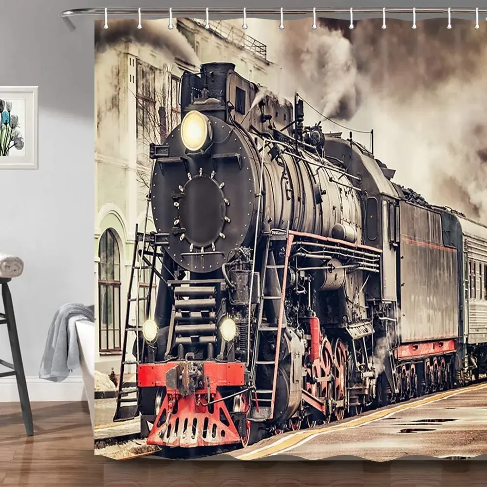 Vintage Industrial Steam Engine Shower Curtain Antique Old Times Locomotive on Rail Road RetroTrain Station Bathroom  Set