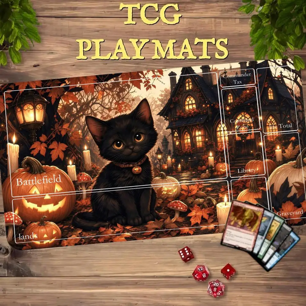 Halloween Black Cat MTG Trading Card Game Playmat TCG CCG Play Mat 600x350 Non-Slip Durable Stitched Edge Magic The Gathering