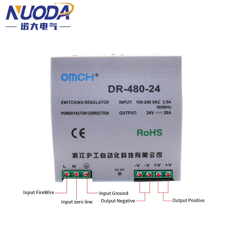 Imagem -03 - Fonte de Alimentação de Comutação Industrial Transformador de Proteção de Sobrecarga Único Trilho Din 12v 24v 36v 48v Saída Dr480