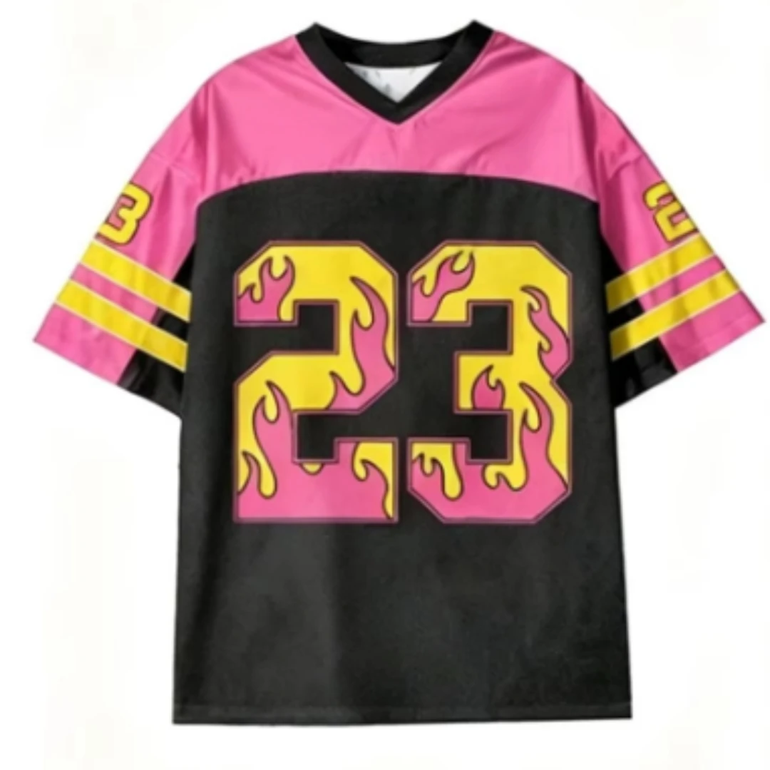 Flame No. 23 Flame Graffiti Pattern V-neck Retro Hip Hop Casual Loose Sports Street Style T-shirt