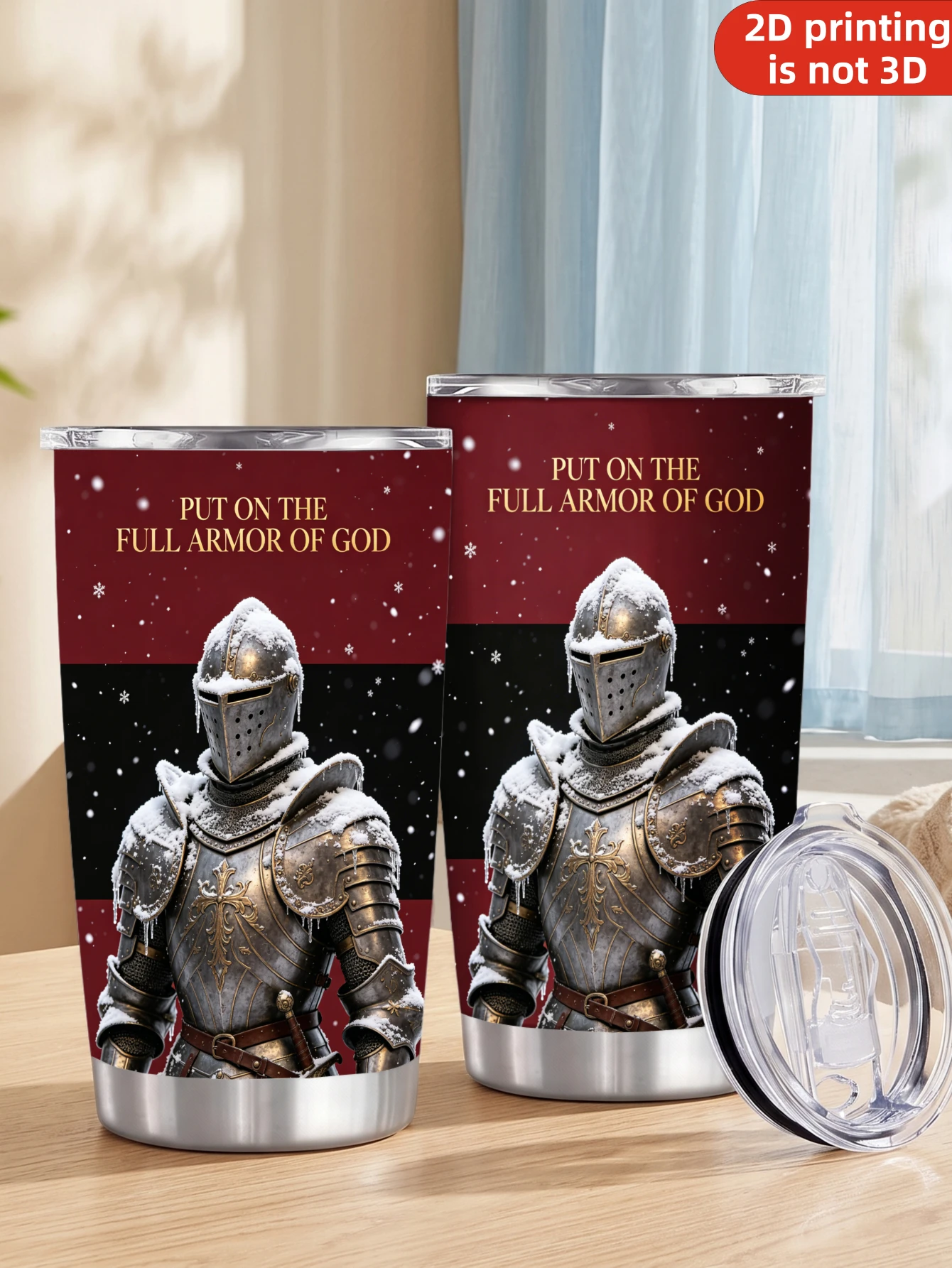 20oz Full Armor of God Stainless Steel Tumbler, Christian Knight in Snow Covered 2D Printed Graphic, Vacuum Insulated Travel Coffee Mug with Lid, Religious Faith Gifts for Men & Women
