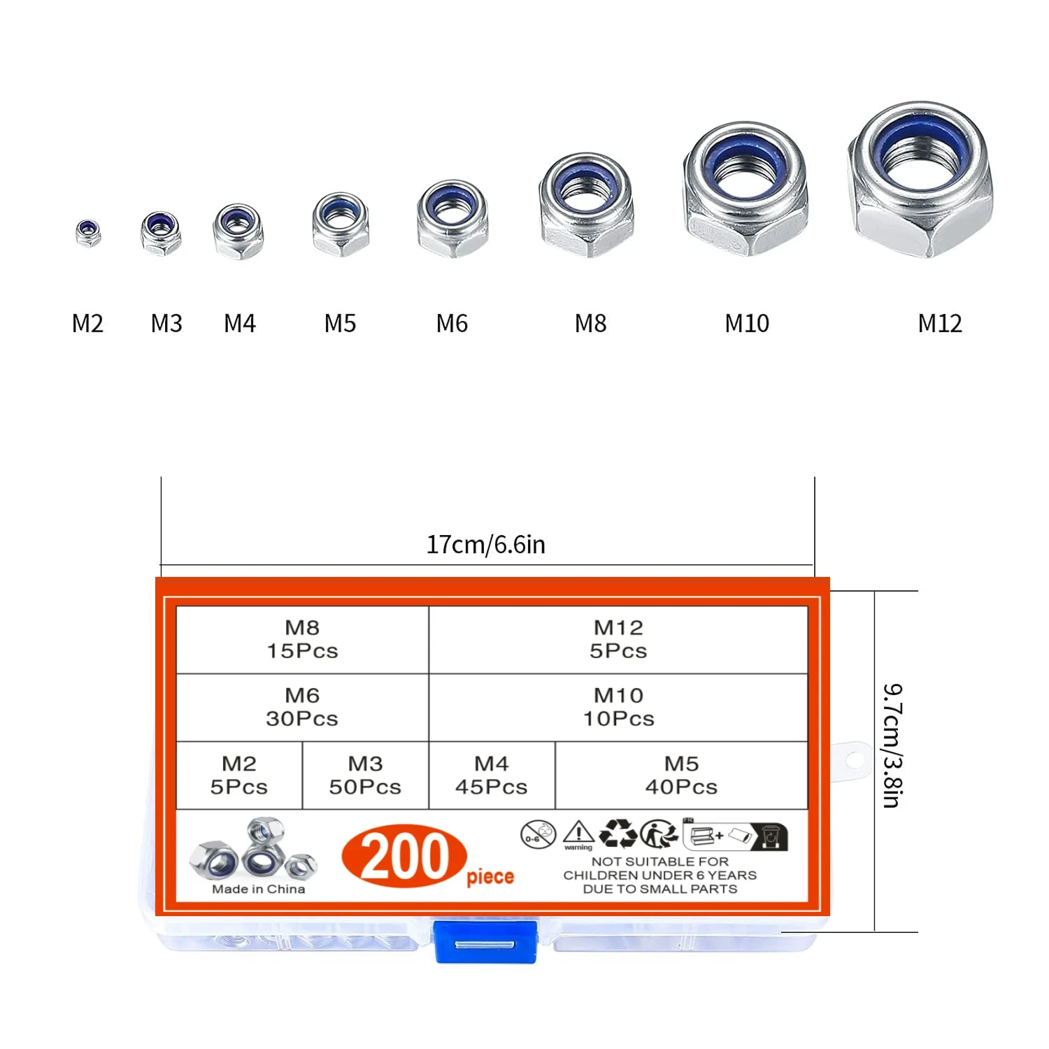 200pcs of M2-M12 Stainless Steel Hex Nuts, Suitable for Home and Outdoor Building Maintenance, and Machinery Parts.