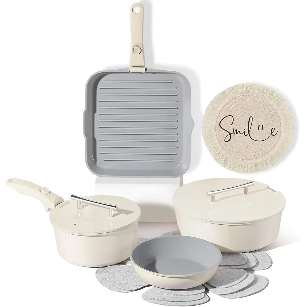 

12 Pcs Nonstick Ceramic Cookware Set With Detachable Handle - Pots and Pans With Lids, Non Toxic, RV and Camping Cooking Set, PT