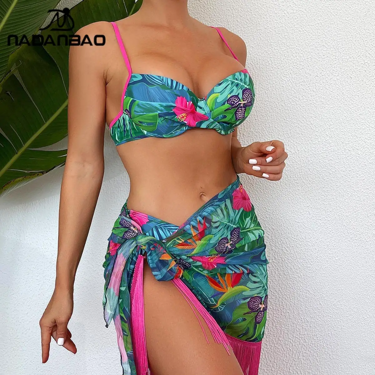 Nadanbao-Maiô sexy de biquíni de praia feminino, conjunto de biquíni estampado vegetal, moda banho bandagem feminina, traje surf, verão