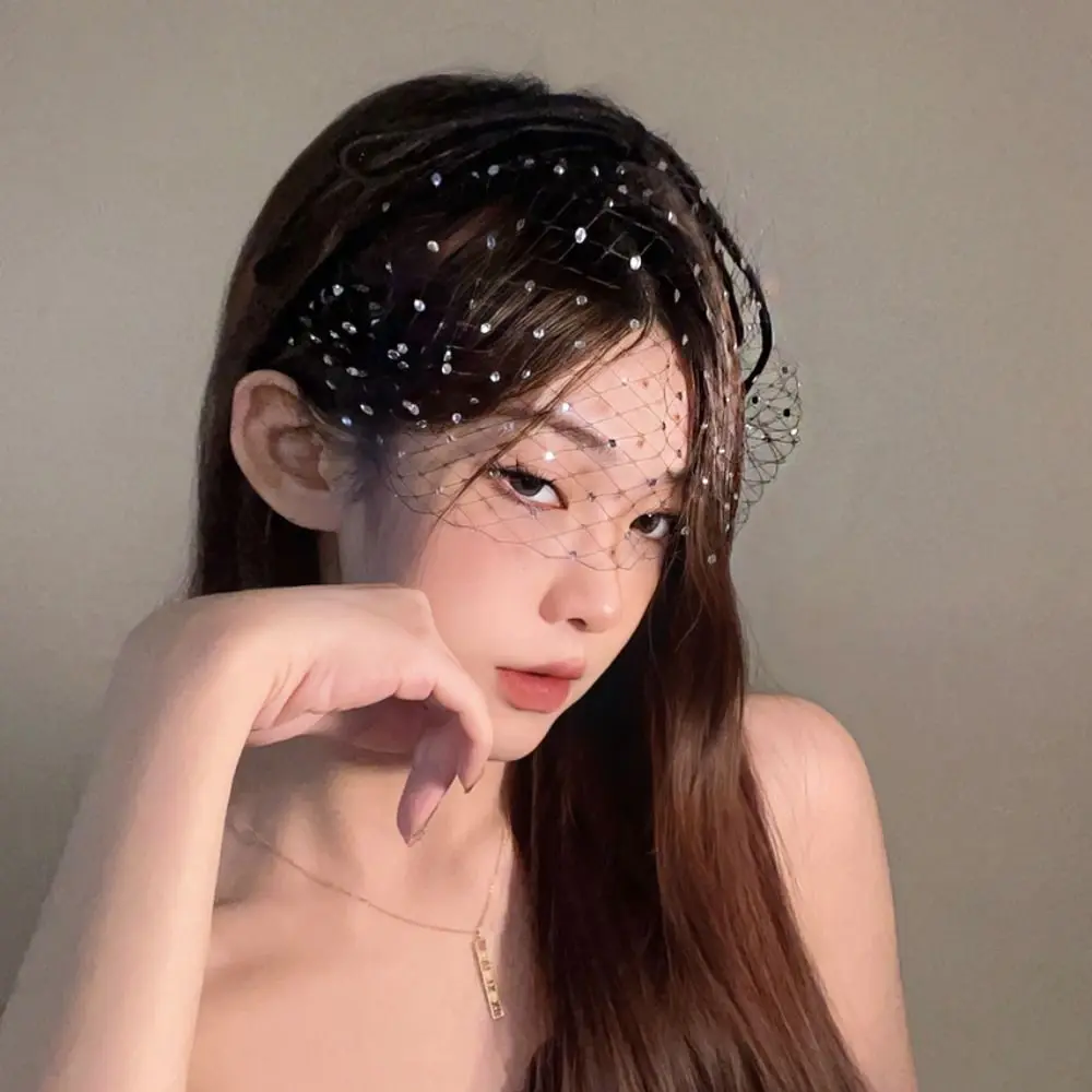 

Fashion Black Mesh Bow Headband Bowknot Princess Bride Veil Hair Hoop Hairband Face Wash Rhinestone Headband Daily