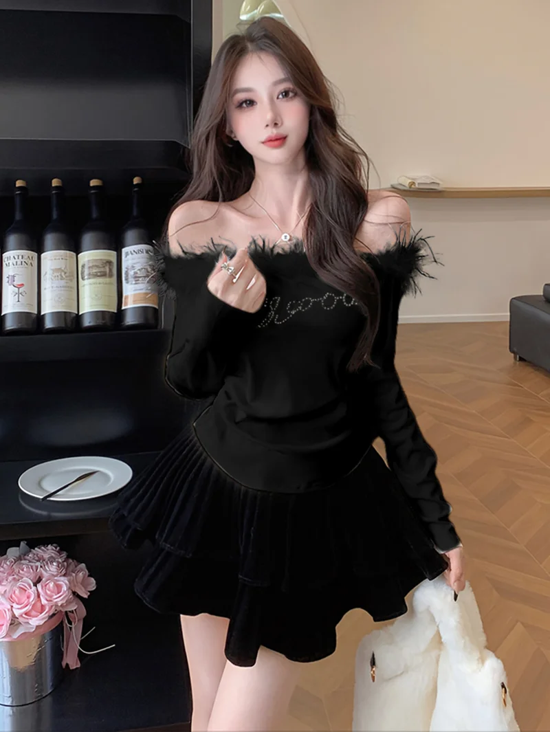 MiiiiX Casual Sexy Hot Slash Neck Off-shoulder Shirt Women's Blouse 2024 Autumn Plush Splicing Diamond Bottoming Shirt Inner Top