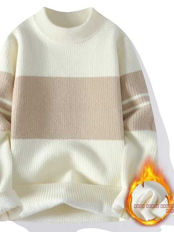 

Утепленный вязаный свитер из флиса для мужчин и подростков с высоким воротником, модный, теплый, базовый, осенне-зимний