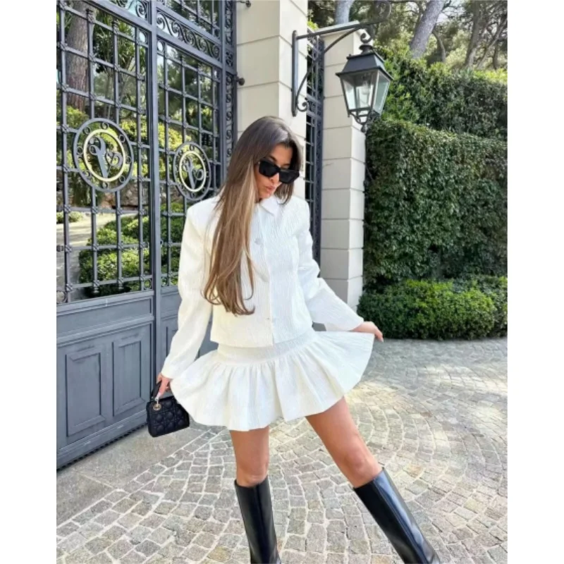 WAKUTA Fashion Lapel Long Sleeved Glossy Fabric Suit Single Breasted Jacket+Short Skirt Set 2024 Spring Chic Odzieลผ damska