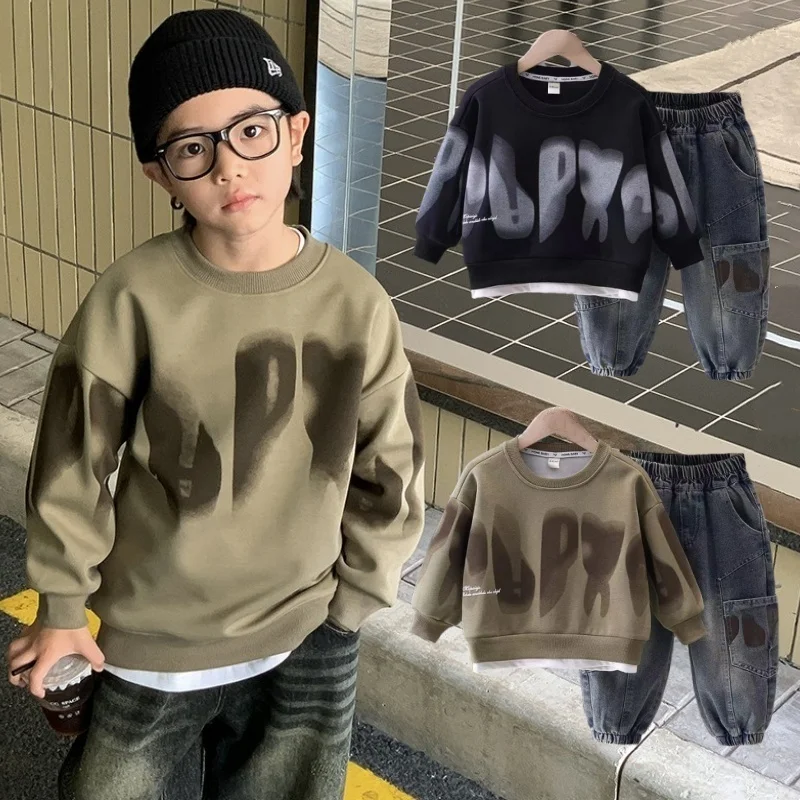 

Kids Boys Korean Street Style Sweatshirt+Pant 2-Piece Set Fashion Letter Spring Autumn Children Sports Casual Clothes 2-10 Years