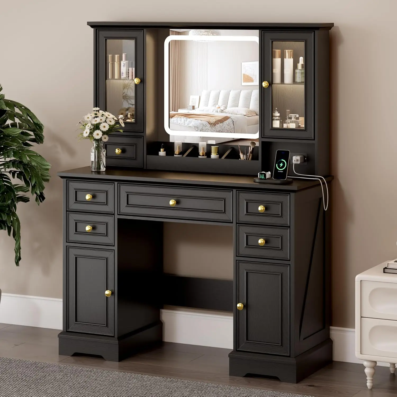 Vanity Desk with Mirror & Lights, Makeup Table with Outlet & USB, 6 Drawers & 4 Cabinets, RGB Lighting, Bedroom, Customized