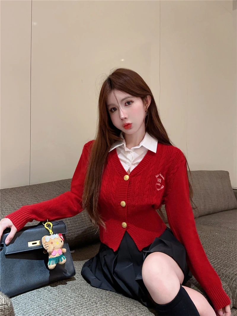 Spring 2024 Preppy Style Korean Girls Mock Two-piece Knitted Cardigan Sweater Black Pleated Skirt Set Women JK Uniform Set Xmas