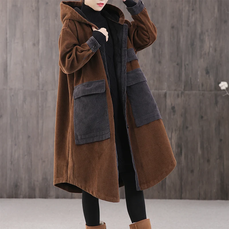 

Thiened Cotton Hooded Jaet Autumn Winter Corduroy Large ket Women plus Size Medium Length Coat Warm Comfortable Outerwear