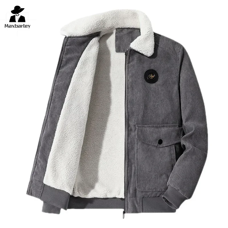 

Fleece Lined Jacket Men's Winter 2024 Vintage Corduroy Thickened Velvet Coat Street Male Casual Wool Collar Cold-proof Parkas