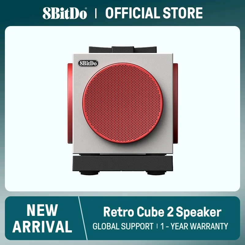 Caixa de Som 8BitDo Retro Cube 2, Caixa de Som Bluetooth Portátil com Som Estéreo, Dock de Carregamento Sem Fio, Bluetooth 5.3/2.4G/Com Fio