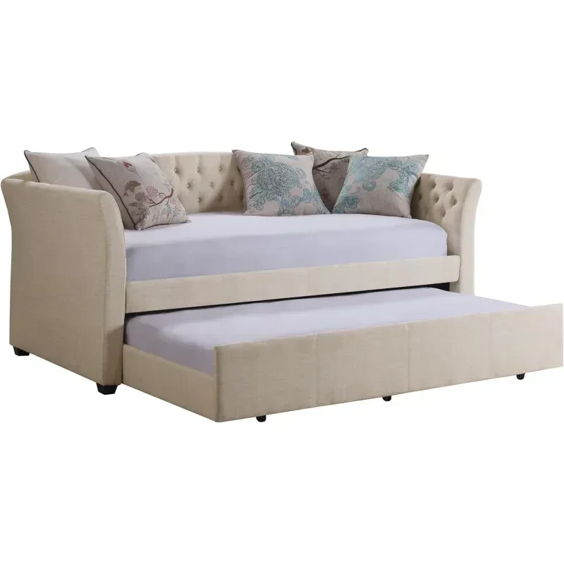 Upholstered Twin Daybed with Trundle and Tufted Button Daybed Frame, for Living Room, Bedroom, Guest Room