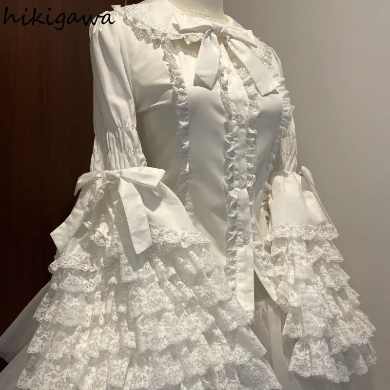 Lolita Blouse Women Camisas De Mujer Peter Pan Collar Flare Sleeve Sweet Shirts Oversized Tops Lace Bow Ruffles White Blouses