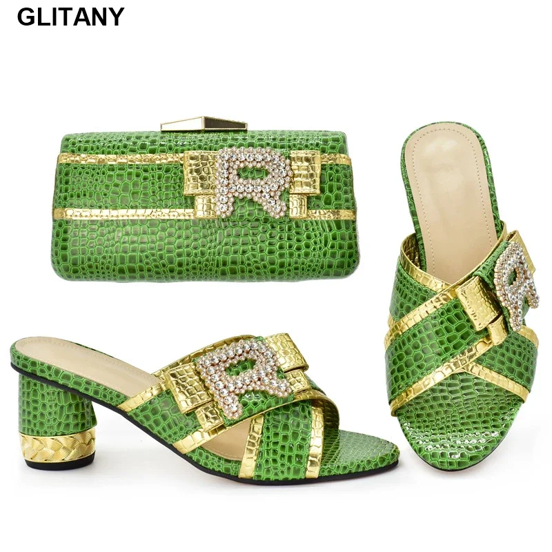 

New Italian African Party Pumps Shoes and Bag Sandalias Rasteiras Femininas Sales In Women Matching Rhinestone Shoes and Bag Set