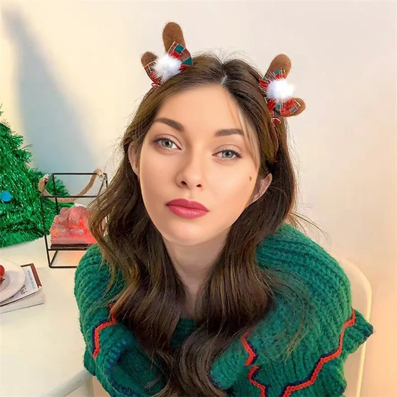 Рождественская повязка на голову с рогами, повязка для волос для косплея с бантами, праздничный обруч для волос для праздничного костюма, реквизит для фотосессии, аксессуары для волос