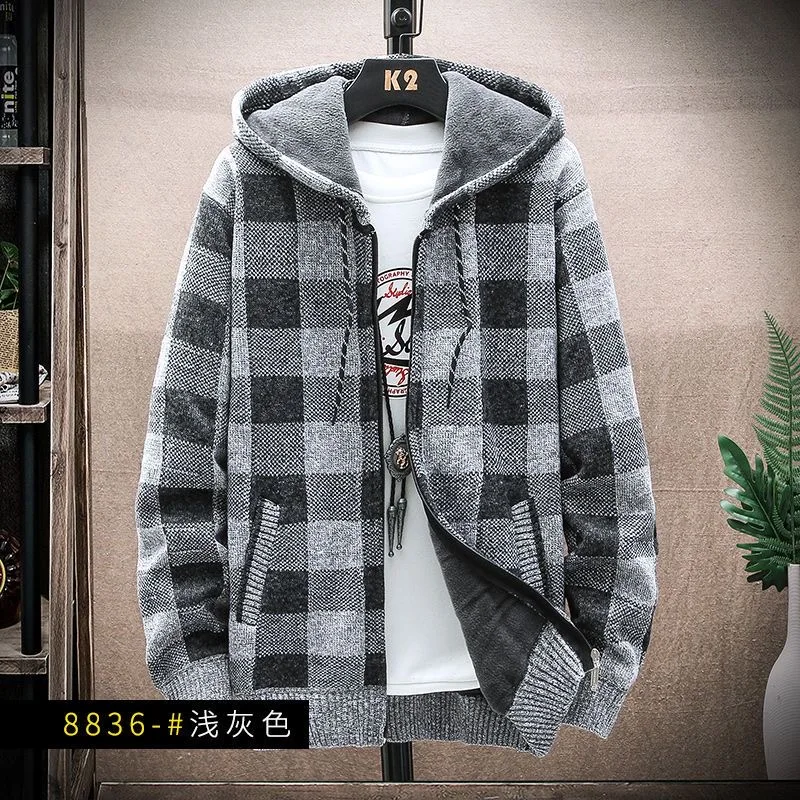 Men\'s Fashion Autumn Winter Plaid Sweater Hooded Cold Coat Men Casual High Quality Zipper Fleece Warm Top Knitted Jacket Coat