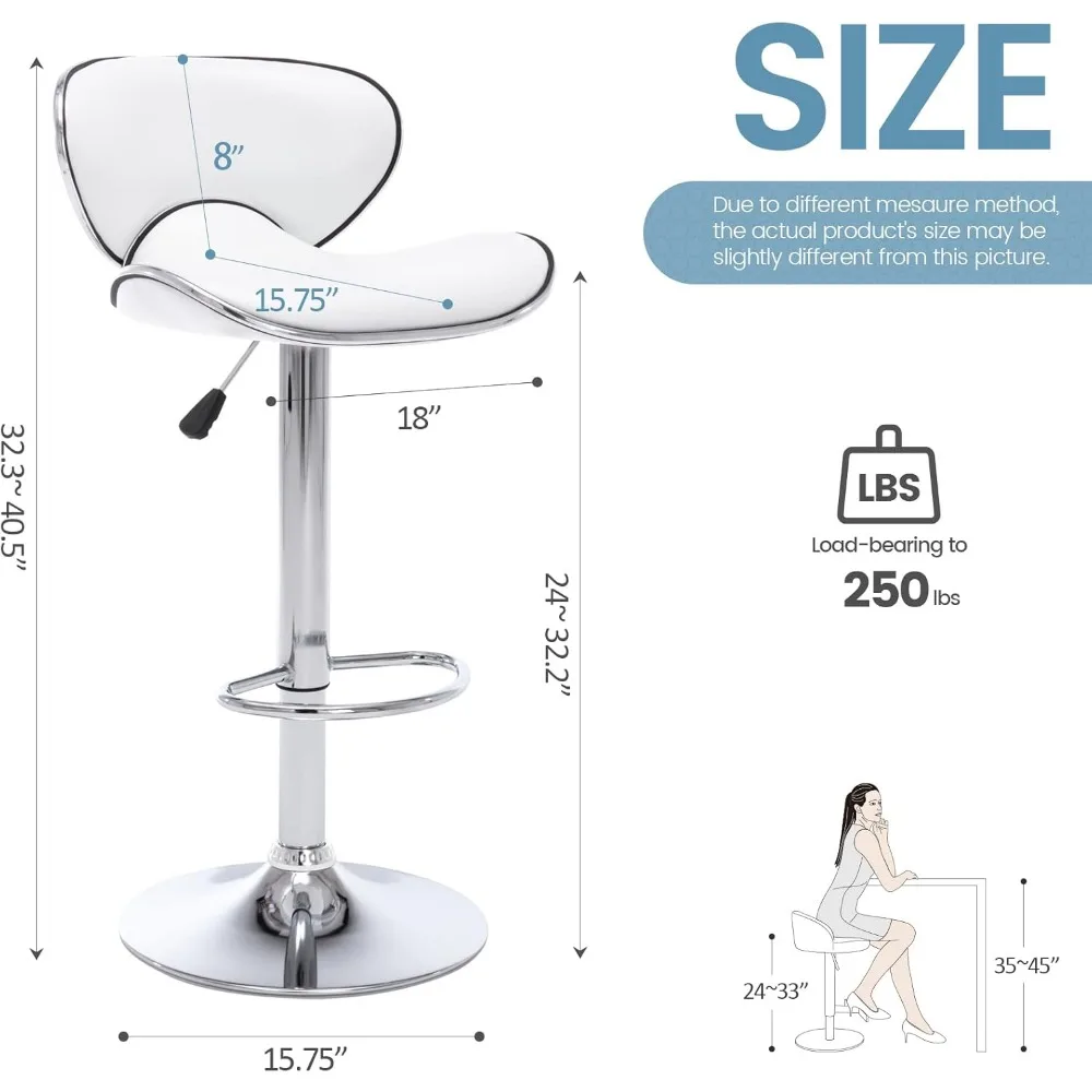 PU Leather Adjustable Bar Stools, Modern Swivel Airlift Barstools with Back, Armless Counter Height Chair for Kitchen Dining