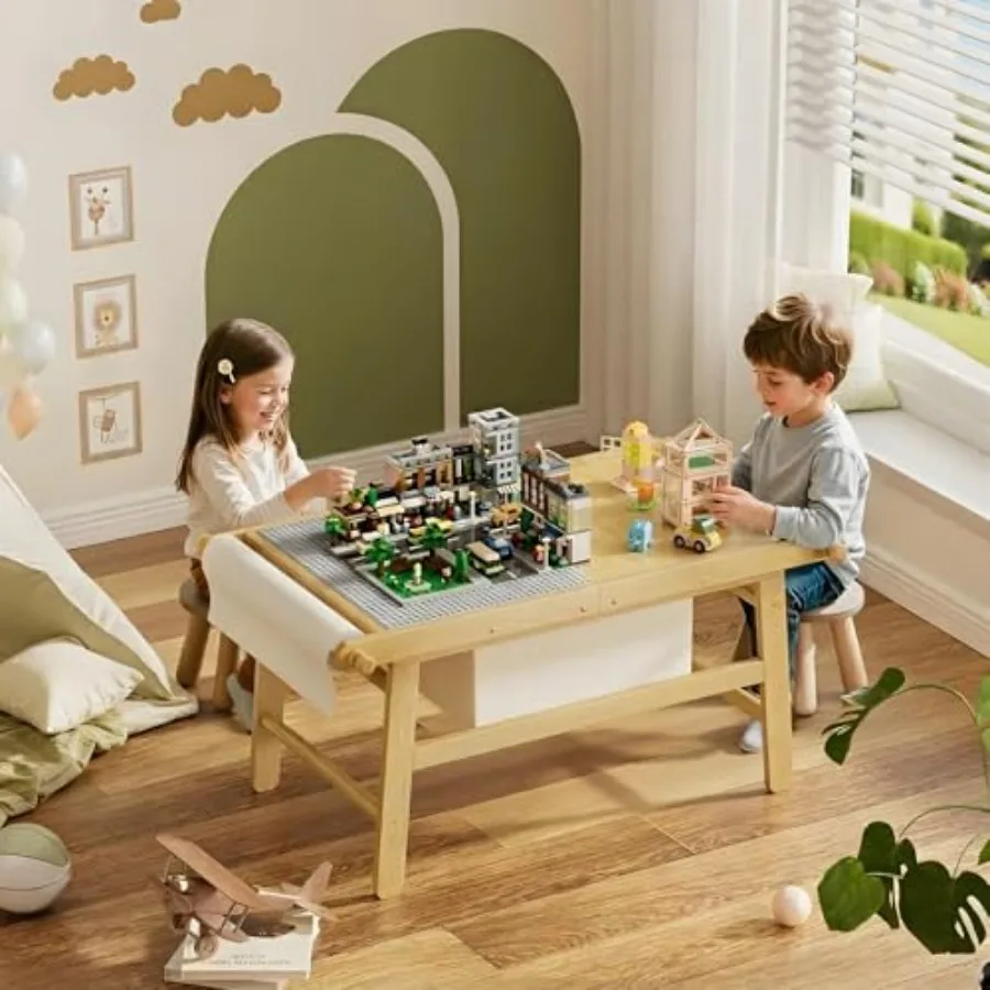 

5 in 1 Train Table Bamboo Toddler Activity Table with Storage Play Table for Toddlers Boys Girls Building Blocks Painting Senso