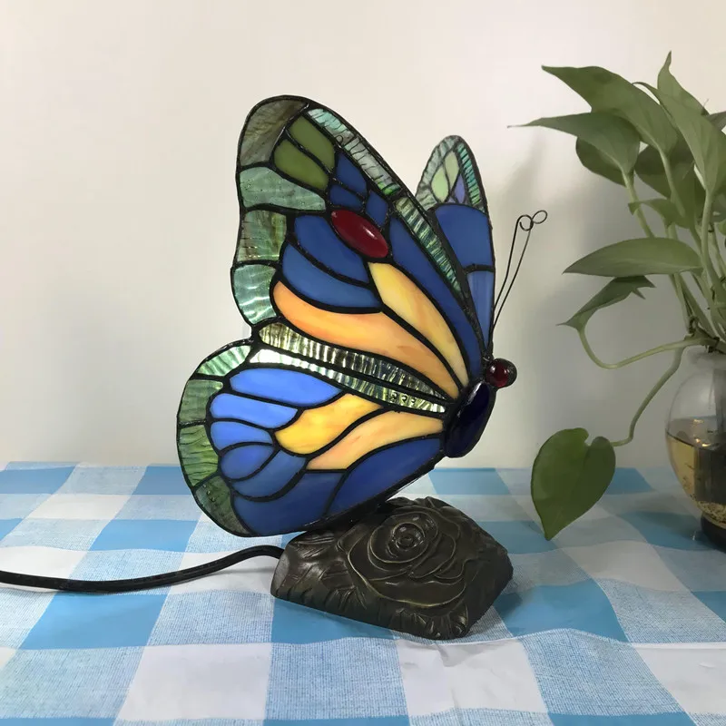 Stained Glass Butterfly Lamps With US/EU/UK/AU Plug In E27 LED Bedroom Bedside Light for Table Night Fixtures