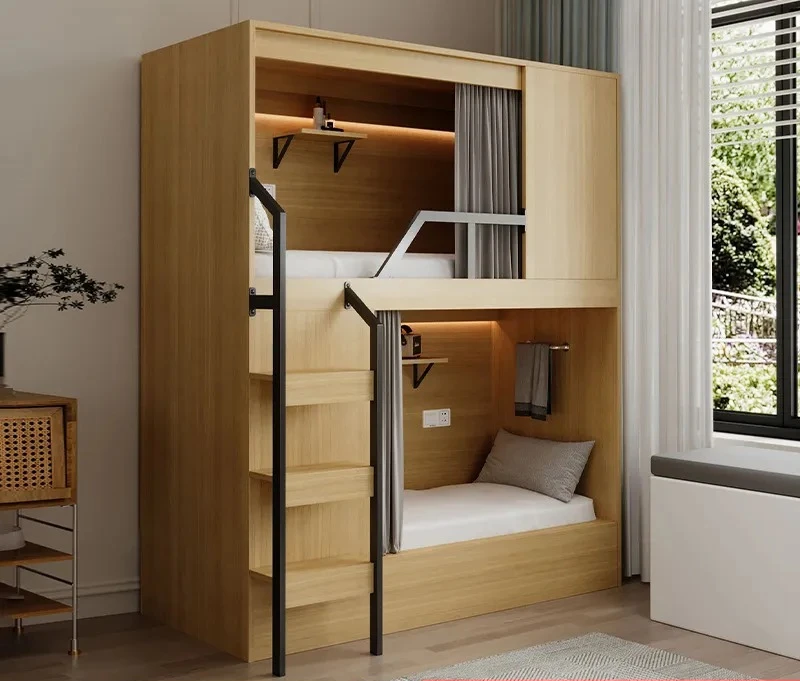 Space Capsule Bunk Bed 1.5m Double Loft Bed with Storage for Student Dorm Apartment Hostel Space Saving Multifunctional Upper
