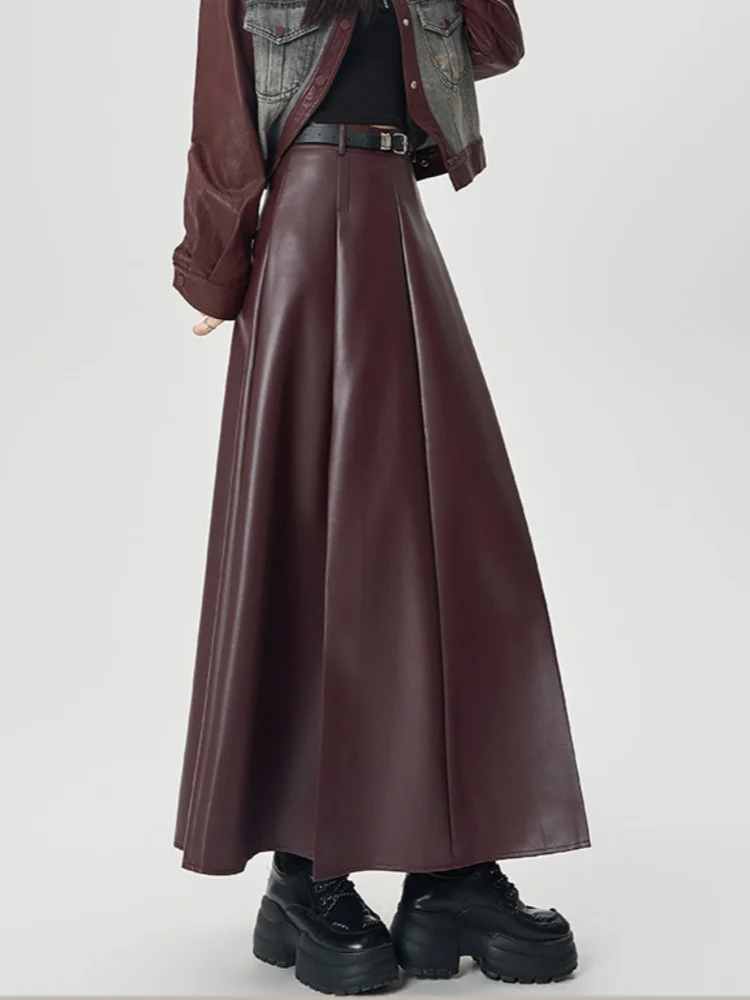 2025年新作 レディース PUレザー スカート 秋冬 プリーツ Aライン ハイウエスト 細見え ゆったり カジュアル ロング丈 アンブレラスカート