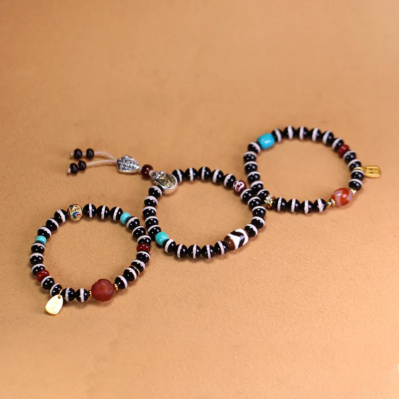Natural Tibetan Genuine Old Mine Raw Agate Medicine Tiger Tooth Dzi Bead Bracelet, approximately 10x14mm