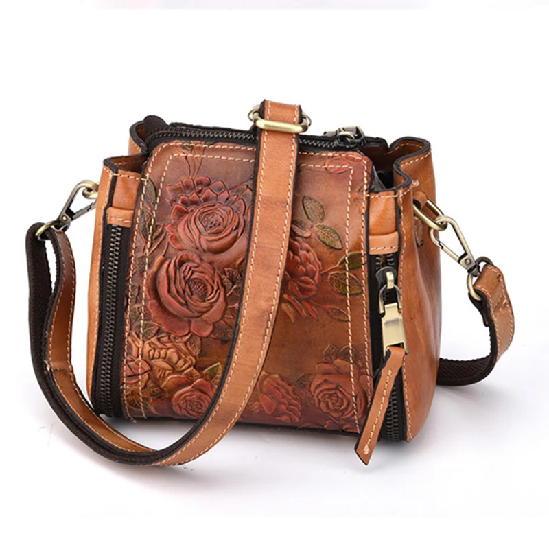 Genuine Leather Female Cross Body Tote Purse Handbag Luxury Floral Natural Skin Women Messenger Shoulder Top Handle Bags