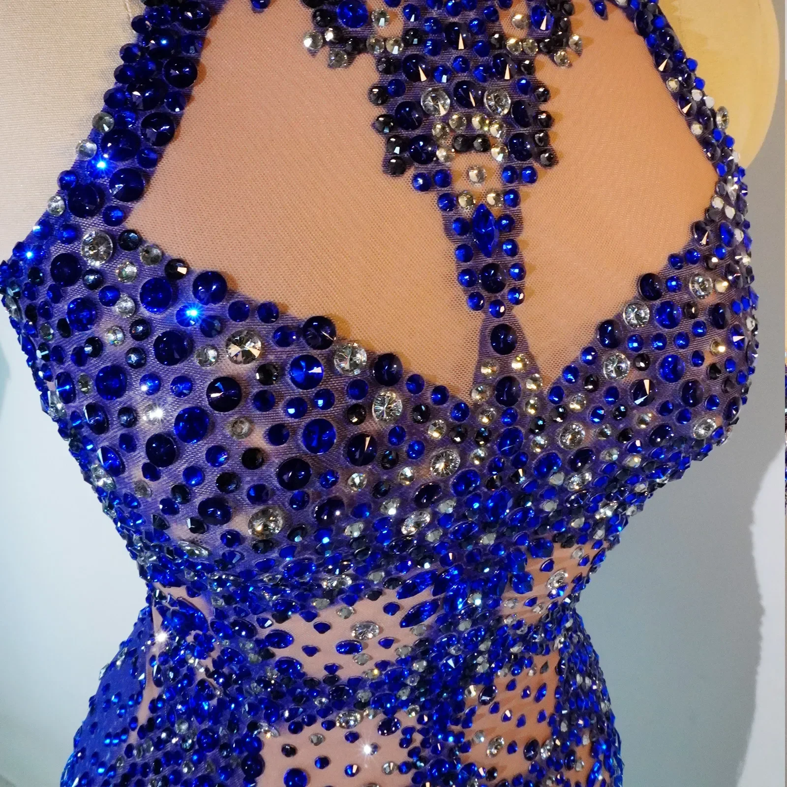 반짝이 블루 프린지 바디 수트 폴 댄스 레오타드, 섹시한 시스루, 생일 파티 클럽 축하 무대 가수 드래그 퀸 의상