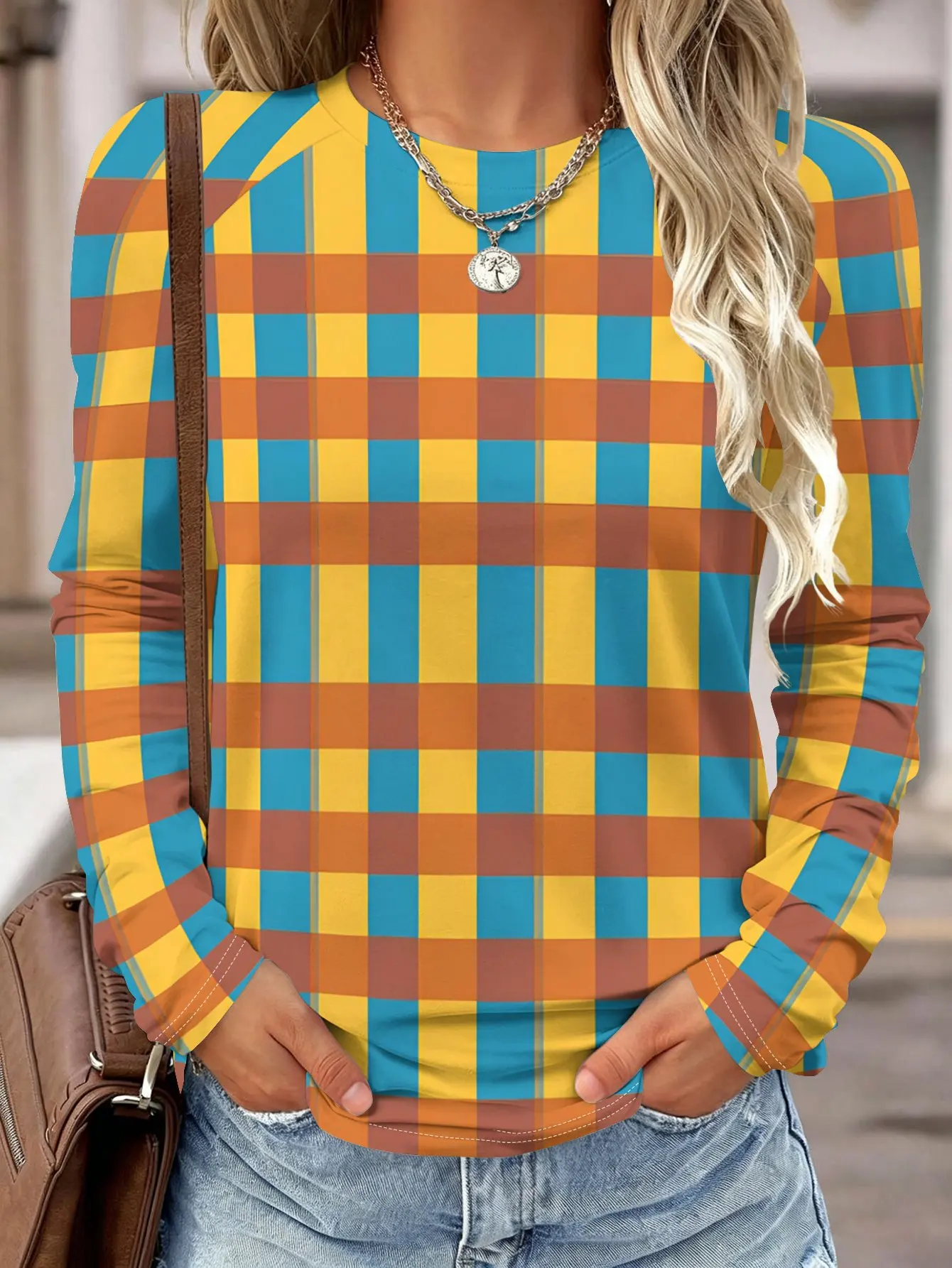 Women Long Sleeve Shirt Yellow Blue Brown Plaid Check Print Round Neck Raglan Casual Fall Daily Tops Women's Clothes