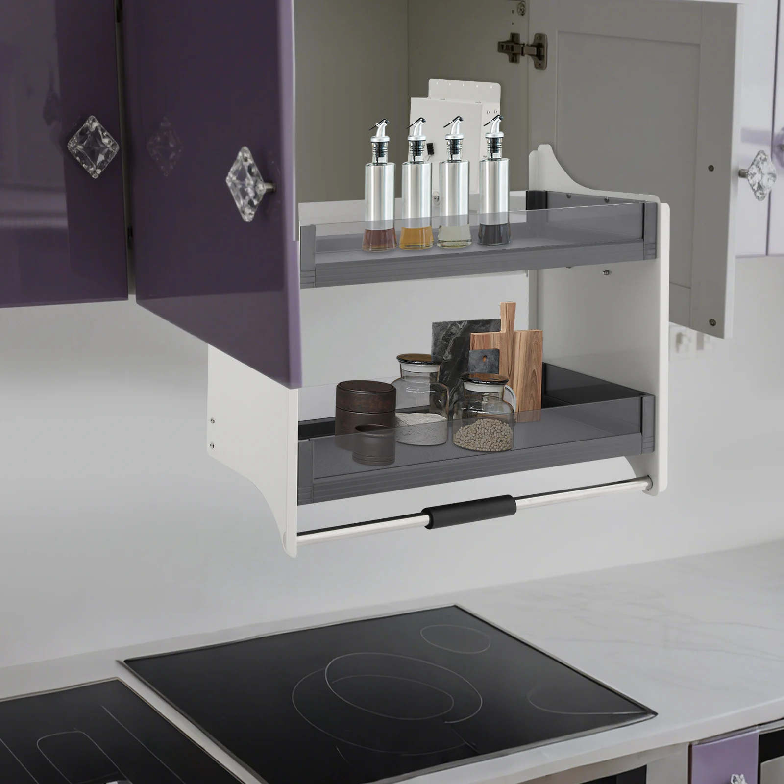 풀다운 합금강 선반, 흰색 2단 풀다운 선반 76.4*26*54.3cm 최대 하중 12kg 주방 상단 캐비닛용