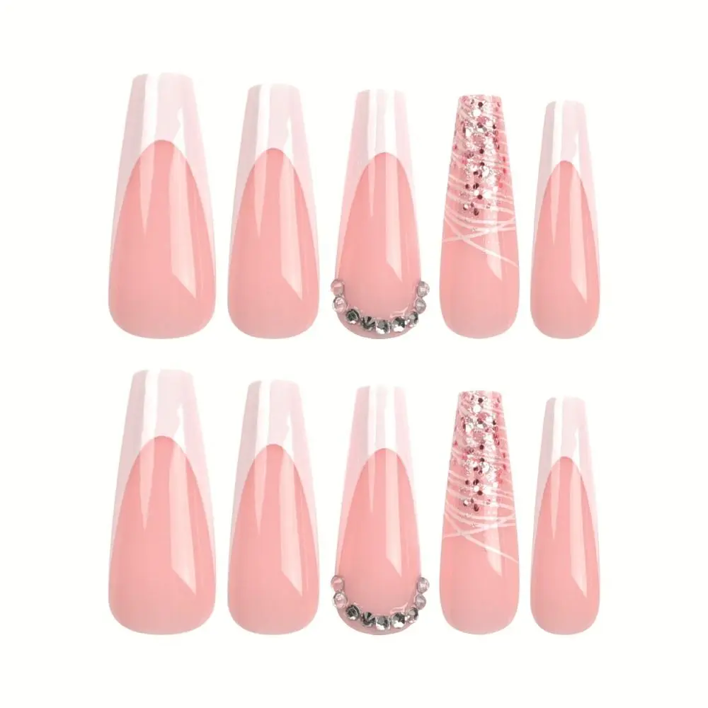 Nuevas uñas postizas largas de bailarina, puntas de uñas de cristal con purpurina francesa, cubierta completa desmontable, prensa en uñas DIY