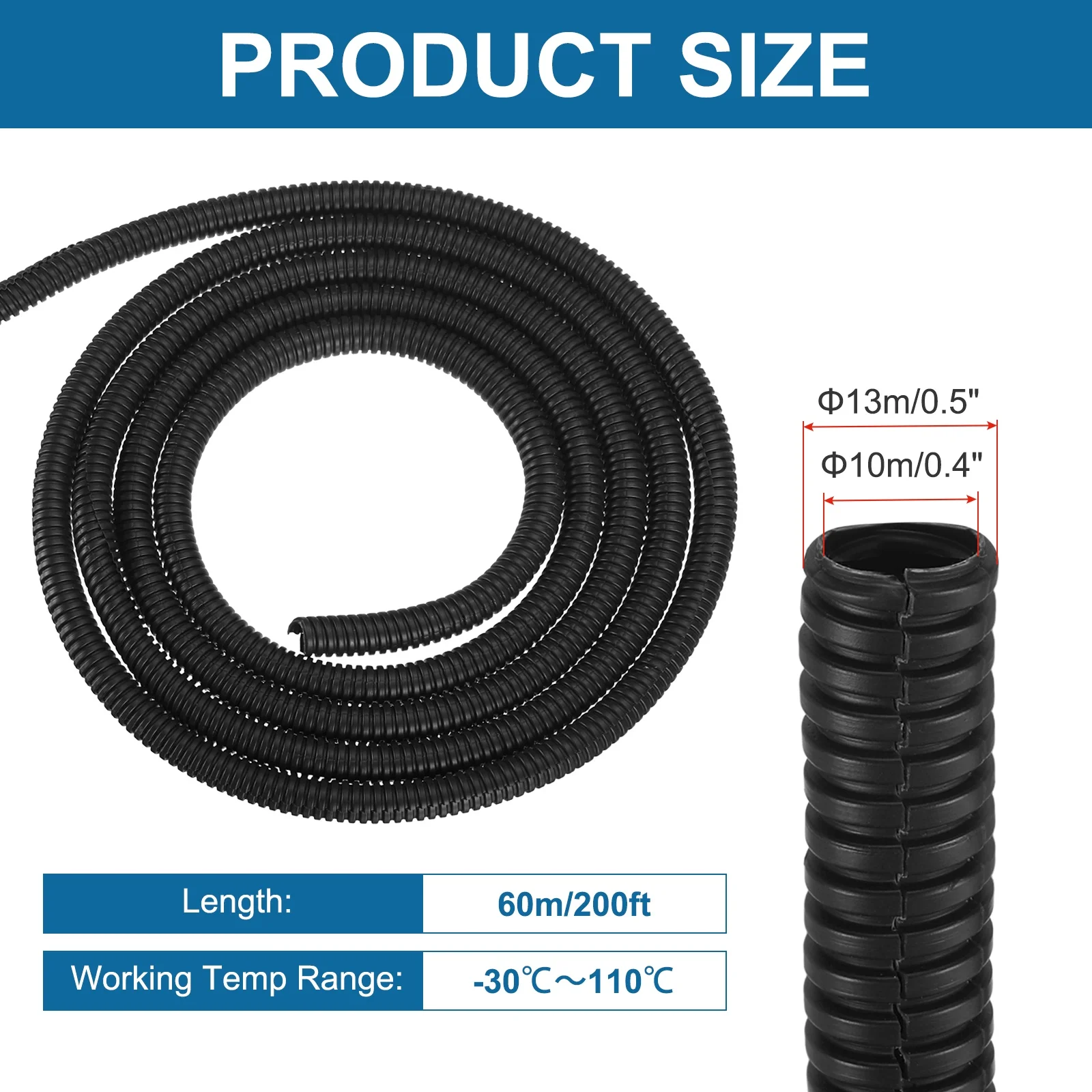 3/8Inch 200ft Split Wire Loom Tubing Flexible Cord Protector with Installation Tool Cable Management Sleeve Conduits Cover Black