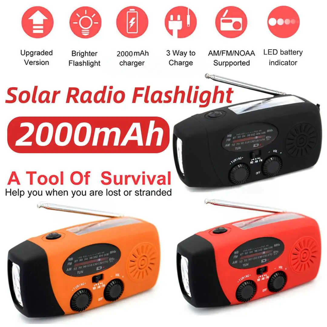 

2000mAh Multifunctional Radio Hand Crank Solar USB Charging Hand Radio Solar Crank AM/FM/NOAA Weather Radio Emergency Flashlight
