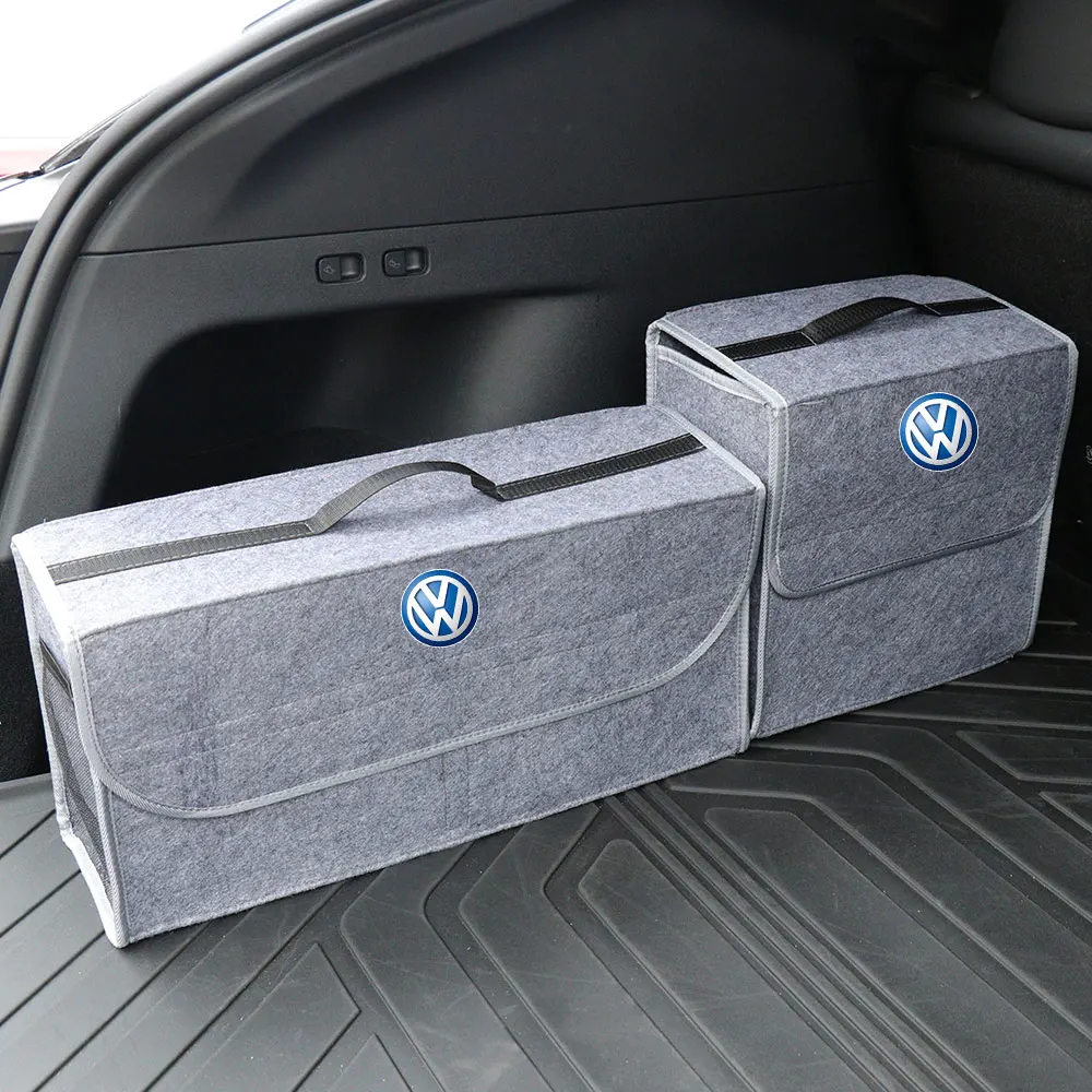 1PCS Black/Gray Car Logo Storage Box Trunk Organizer Box Felt Cloth Storage Box Auto Accessories For VW RLINE R POLO golf Tiguan