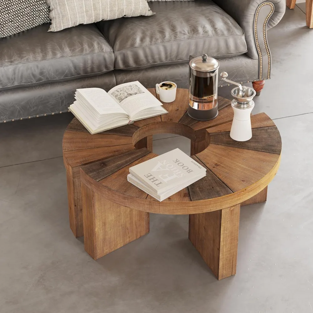 Rustic Round Coffee Table Set with Semi-Circular Design for Living Room