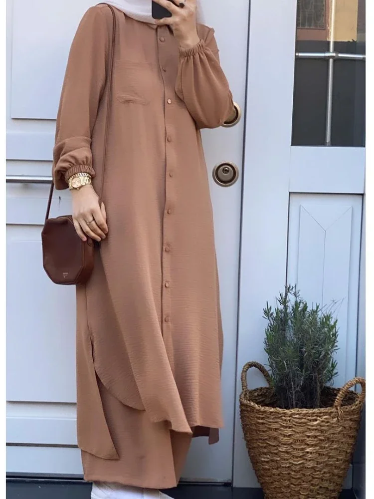 Vestido muçulmano de botão para mulheres, Blusa Abaya, Camisa de manga comprida, Ternos de perna larga, Vestidos árabes, Conjuntos, Conjunto 2 pcs