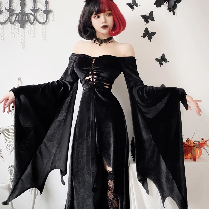 Abito gotico da donna Halloween Carnival Cosplay Vampire Witch Dress abito con maniche a pipistrello stile europeo e americano scuro Sexy Hot